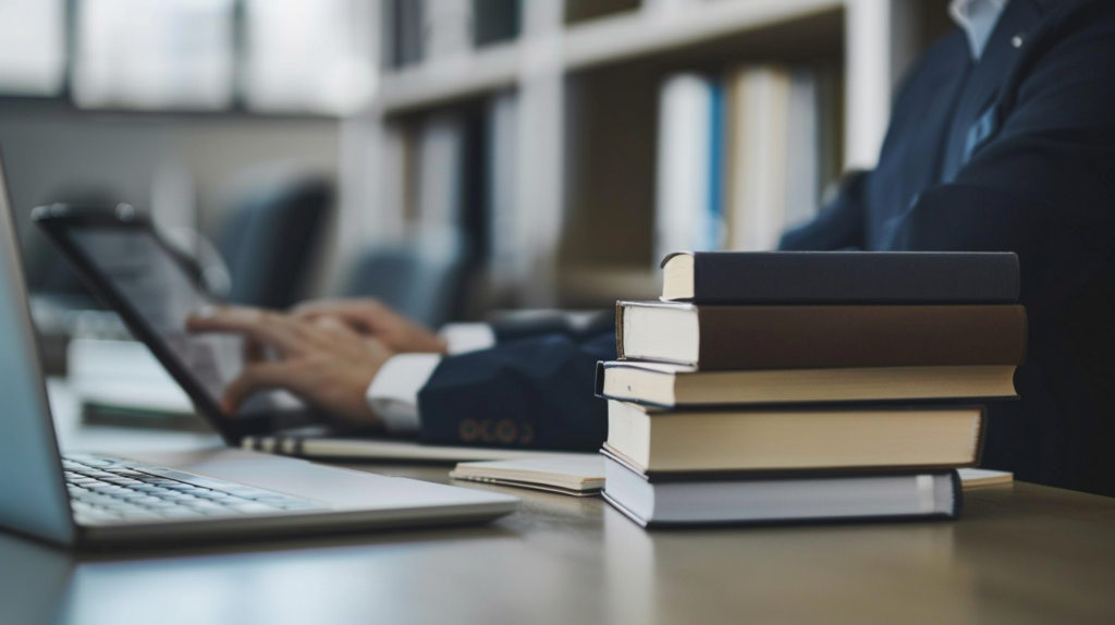 職場工作者在桌前閱讀書籍與整理學習資料